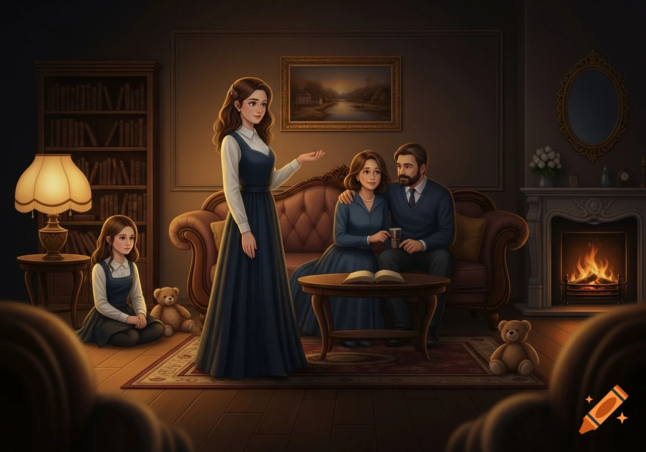 Illustrated family in a warm, dimly lit living room; parents on couch, older daughter standing, younger on floor.