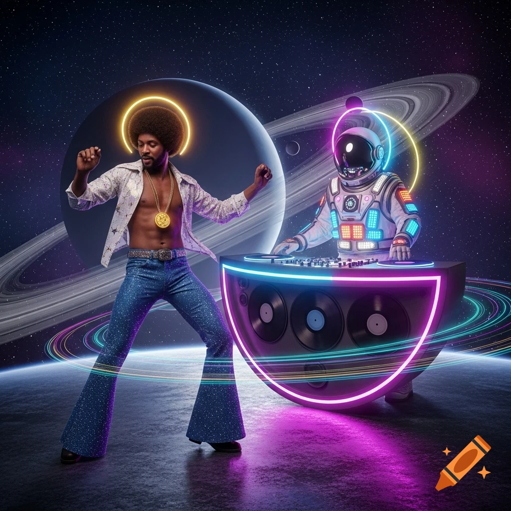 A 70s-style man in bell bottoms dances next to an astronaut DJ in space, with planets and neon lights. Photorealistic.