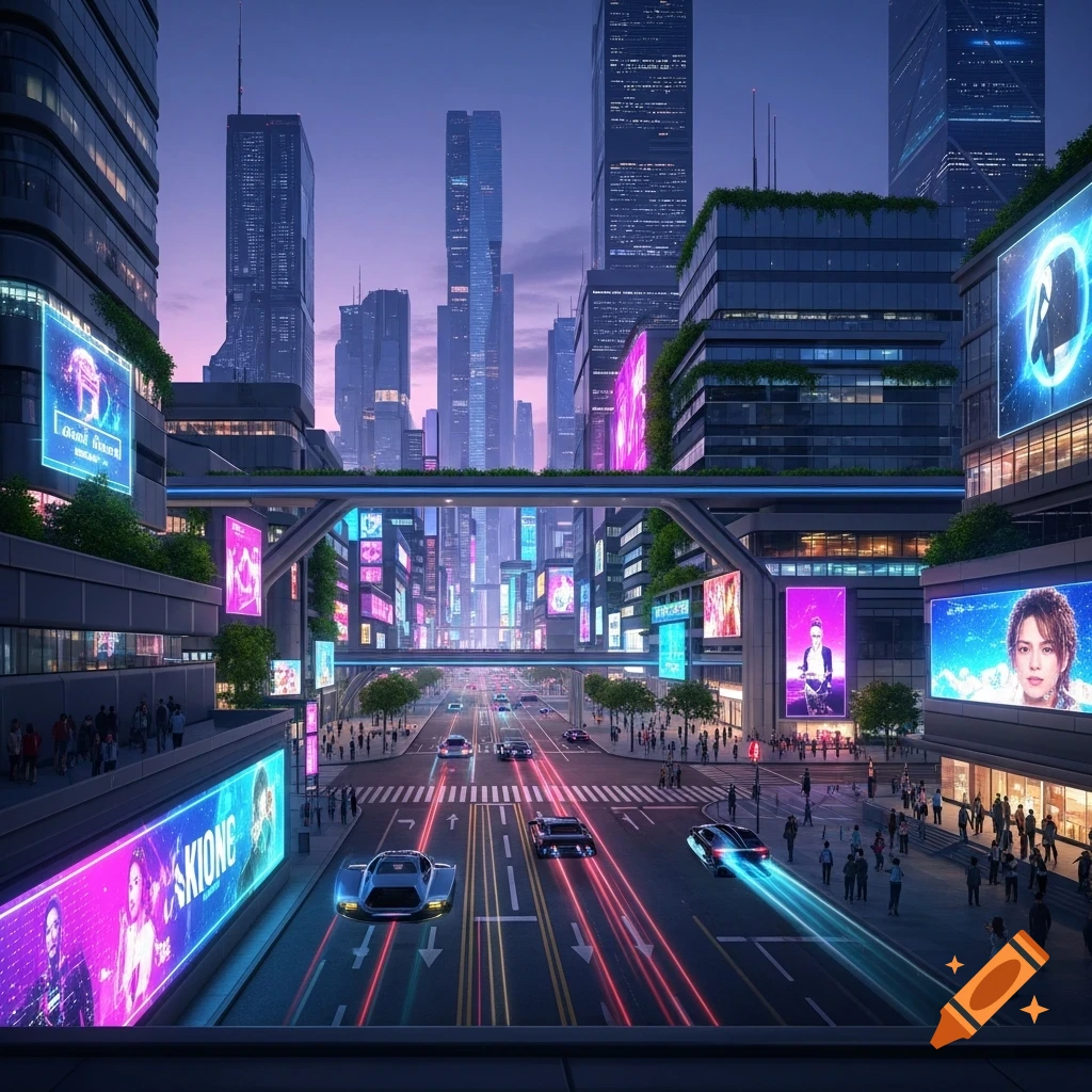A high-angle view of a futuristic city street at dusk, with flying cars, neon lights, glowing billboards, and skyscrapers.