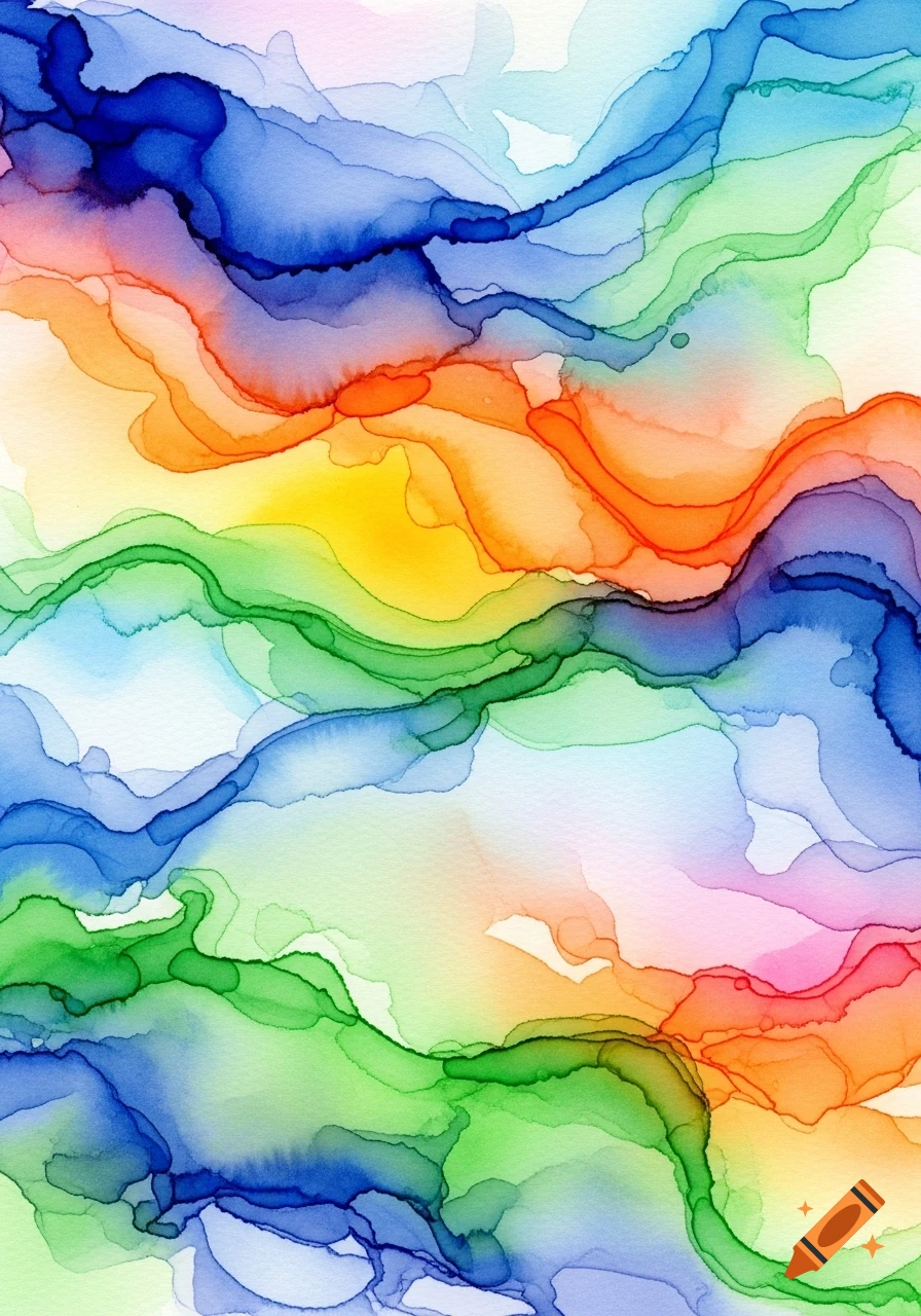 Abstract watercolor painting with flowing, vibrant rainbow colors in organic shapes.