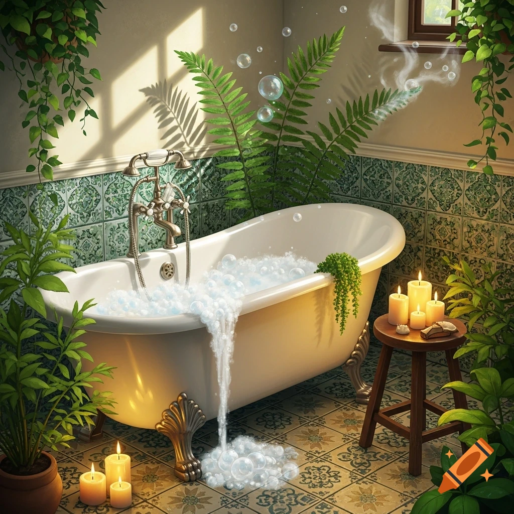 A clawfoot bathtub with overflowing bubbles in a lush, plant-filled bathroom, illuminated by sunlight and candles.