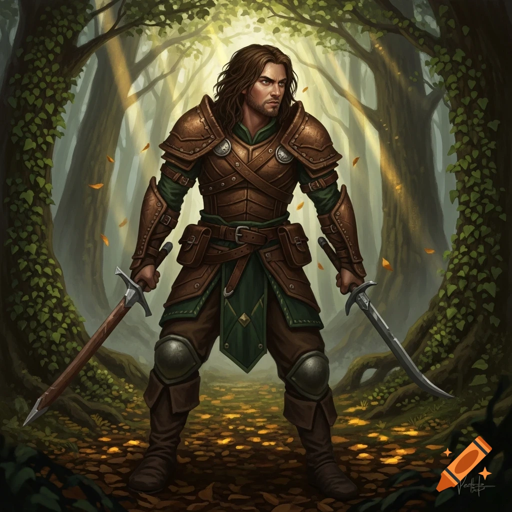 A fantasy male ranger in leather armor, with long brown hair, holds two swords in a sunlit forest.