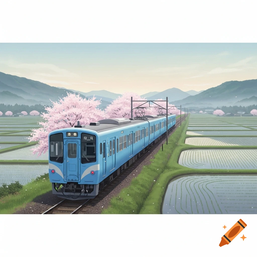 An anime-style illustration of a blue commuter train traveling through a Japanese rural landscape with cherry blossoms and rice paddies under a light blue sky.