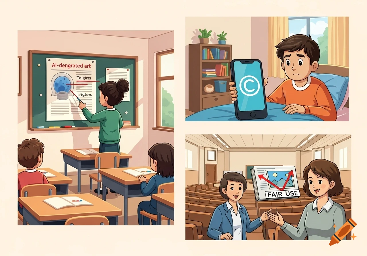 A cartoon collage showing three scenes: a student pointing to a poster about AI art in a classroom, a teen looking at a phone with a copyright symbol, and two teachers discussing fair use in a lecture hall.