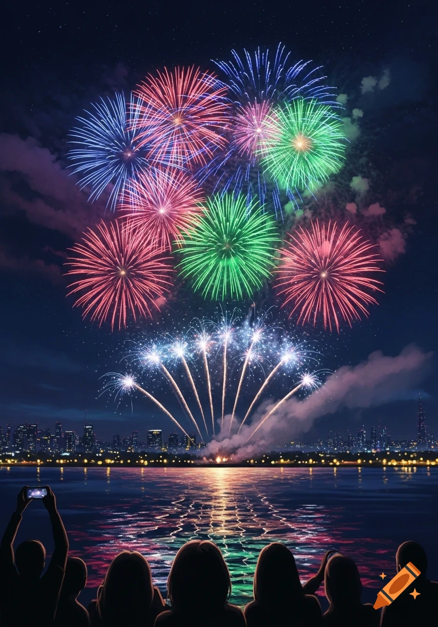 Silhouetted people watch a vibrant fireworks display burst over a city skyline and its reflection on the water at night.