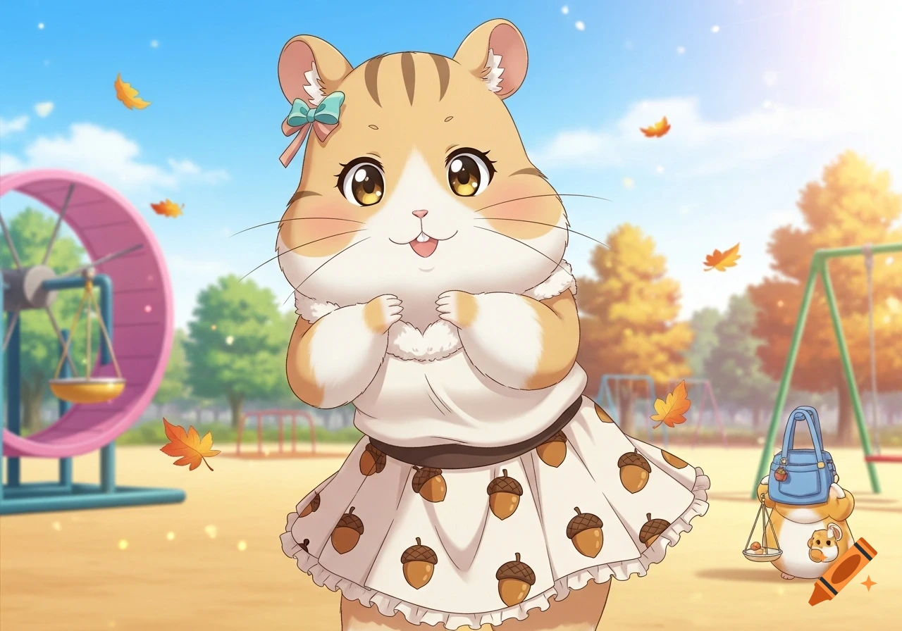 A cute anime-style hamster girl with a bow and acorn-patterned skirt stands in a sunny park with a hamster wheel.