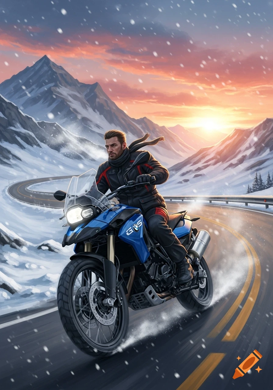 A man on a blue BMW motorcycle rides on a winding snowy mountain road at sunset, with snow falling.