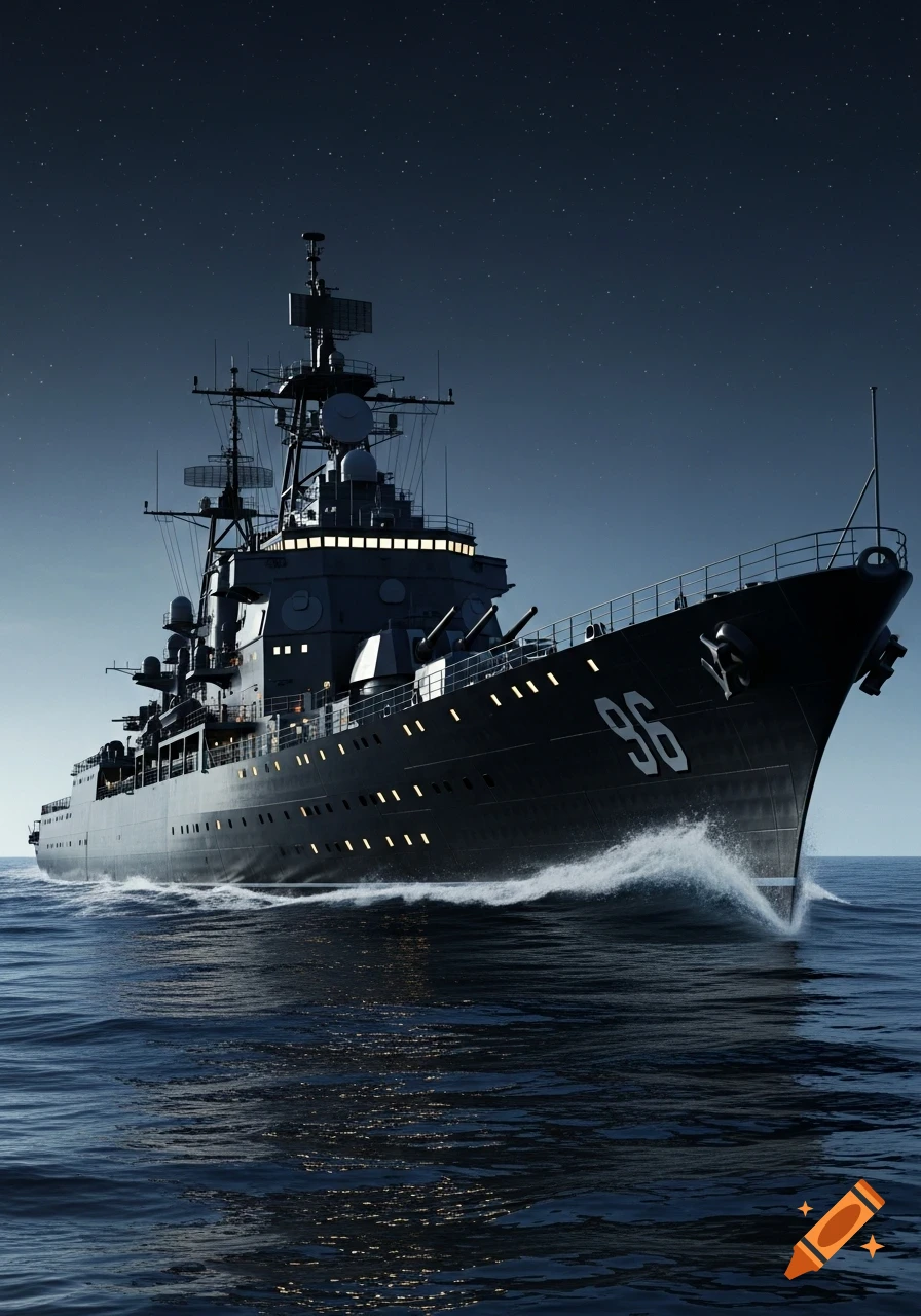 Photorealistic image of a dark grey military cruiser ship with '96' on its bow, sailing on deep blue water under a starry night sky.