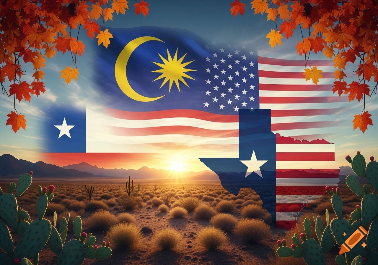 Flags of Malaysia, US, and Chile blended over a desert sunset with a Texas outline, framed by autumn leaves.