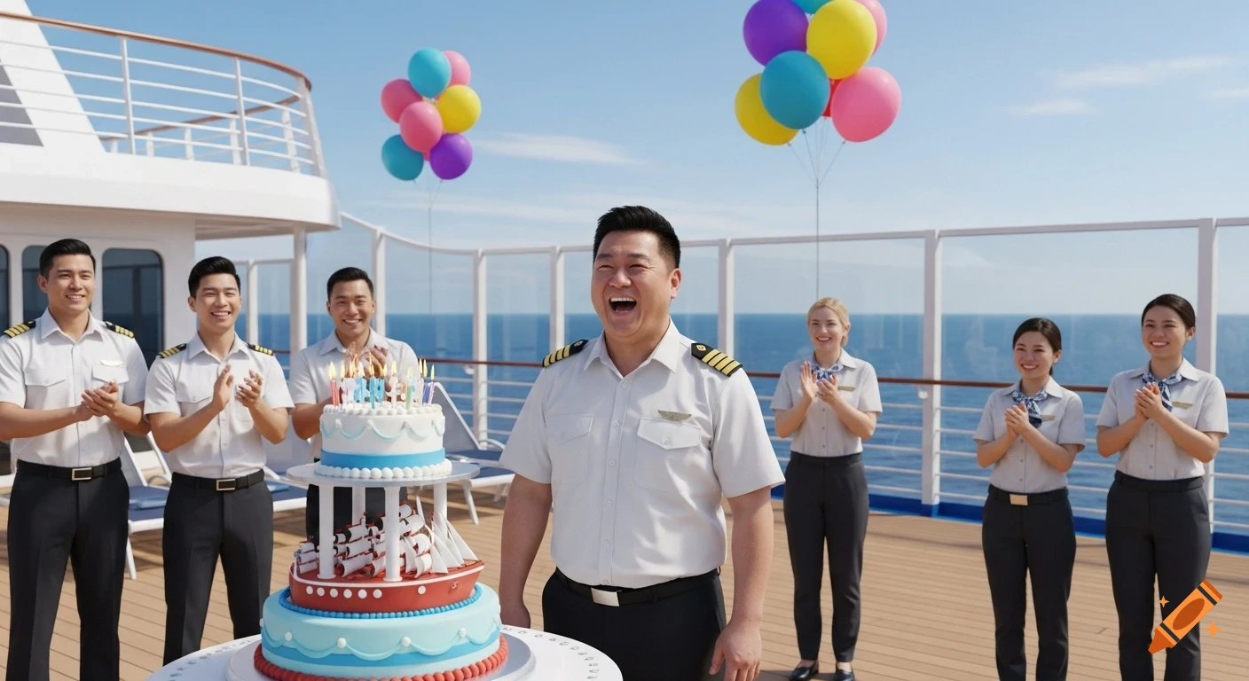 A jovial cruise director laughs on the sunny deck of a cruise ship, surrounded by applauding crew members, colorful balloons, and a multi-tiered birthday cake with ship decorations.