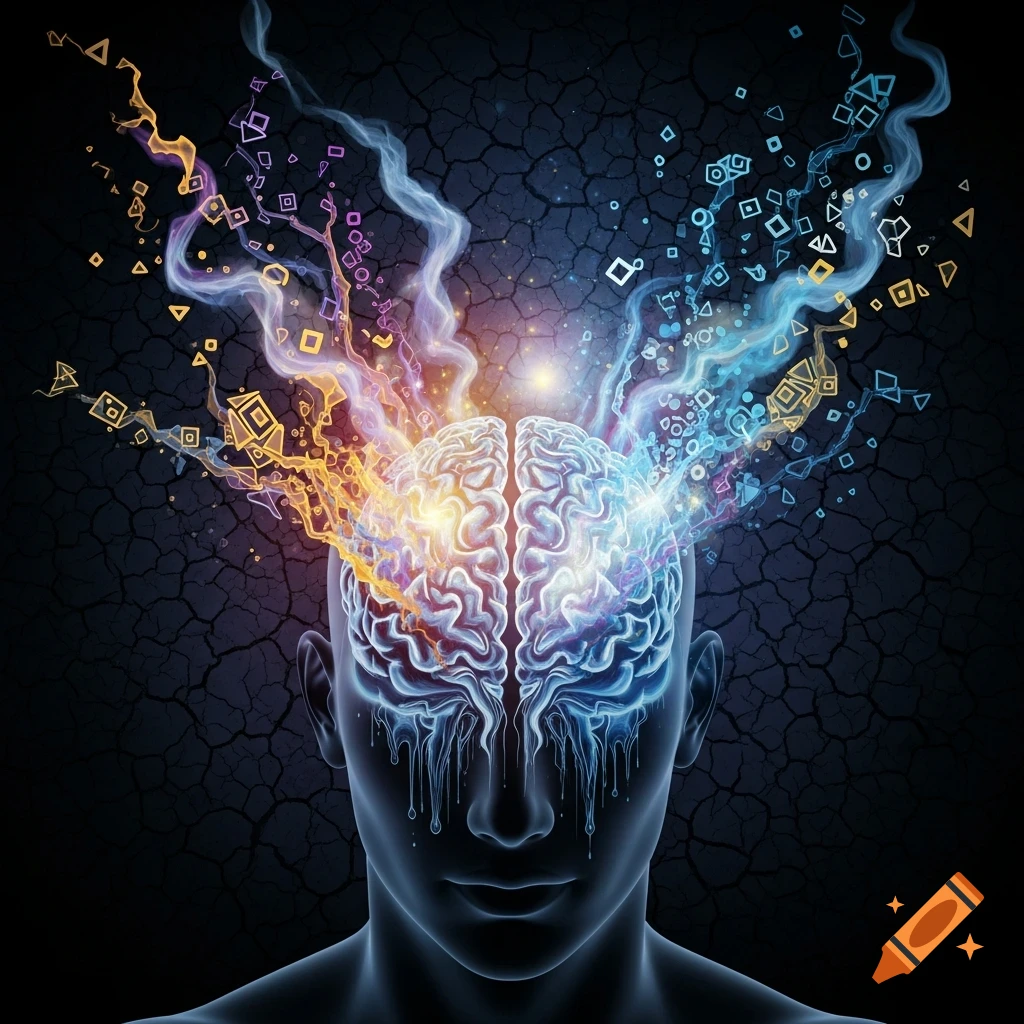 Stylized head with glowing brain emitting colorful energy, geometric shapes. Blue liquid drips on face, dark cracked background.