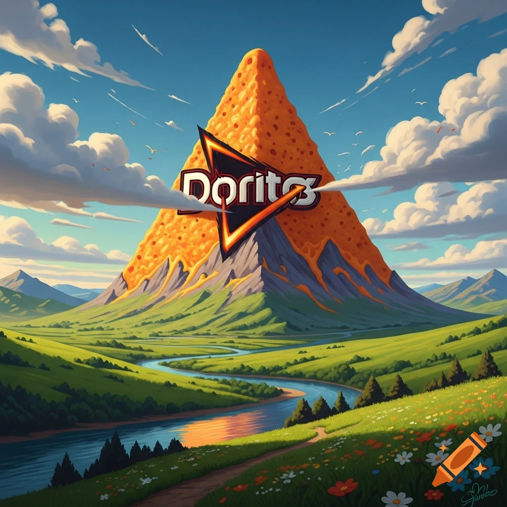 A vibrant illustration of a mountain shaped like a giant Dorito chip with its logo, overlooking a lush green valley with a river.