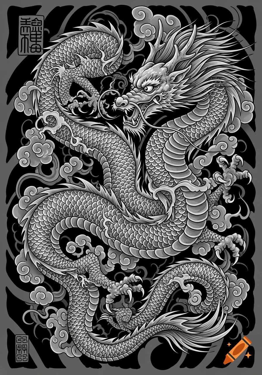 Detailed black and white traditional Chinese dragon tattoo art, coiled among stylized clouds.