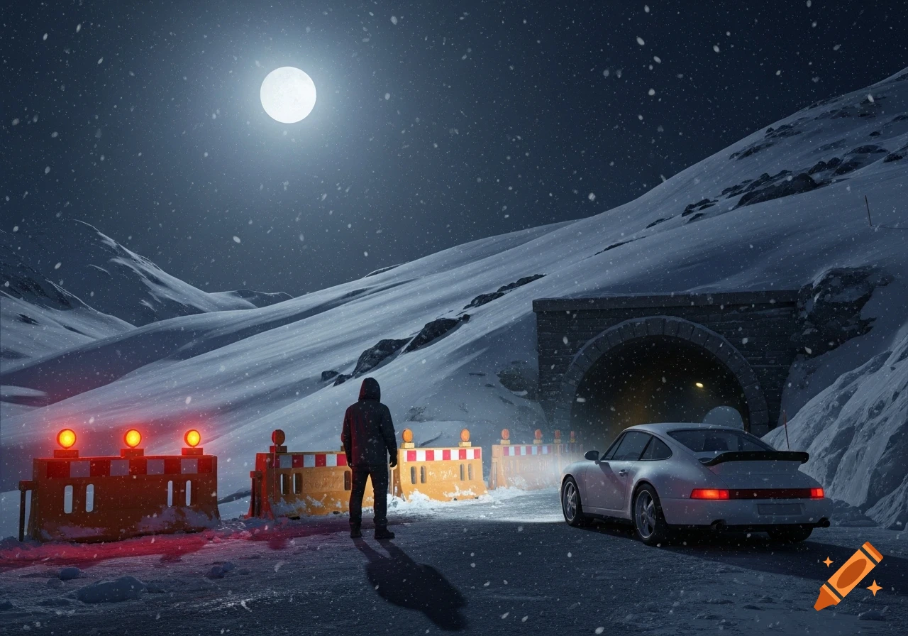 A hooded man stands by orange warning barriers on a snowy mountain road at night, facing a tunnel. A white Porsche is parked behind him under a full moon.