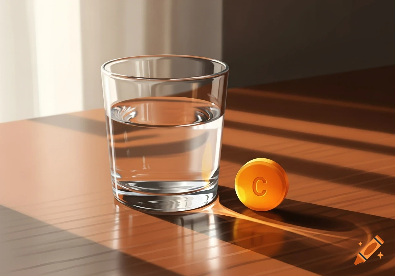 A clear glass of water next to a round, orange vitamin C pill on a wooden table, bathed in morning light, photorealistic style.