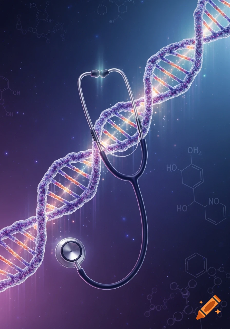 A purple DNA double helix unwinds to form a stethoscope, set against a dark, starry background with subtle chemical structures.