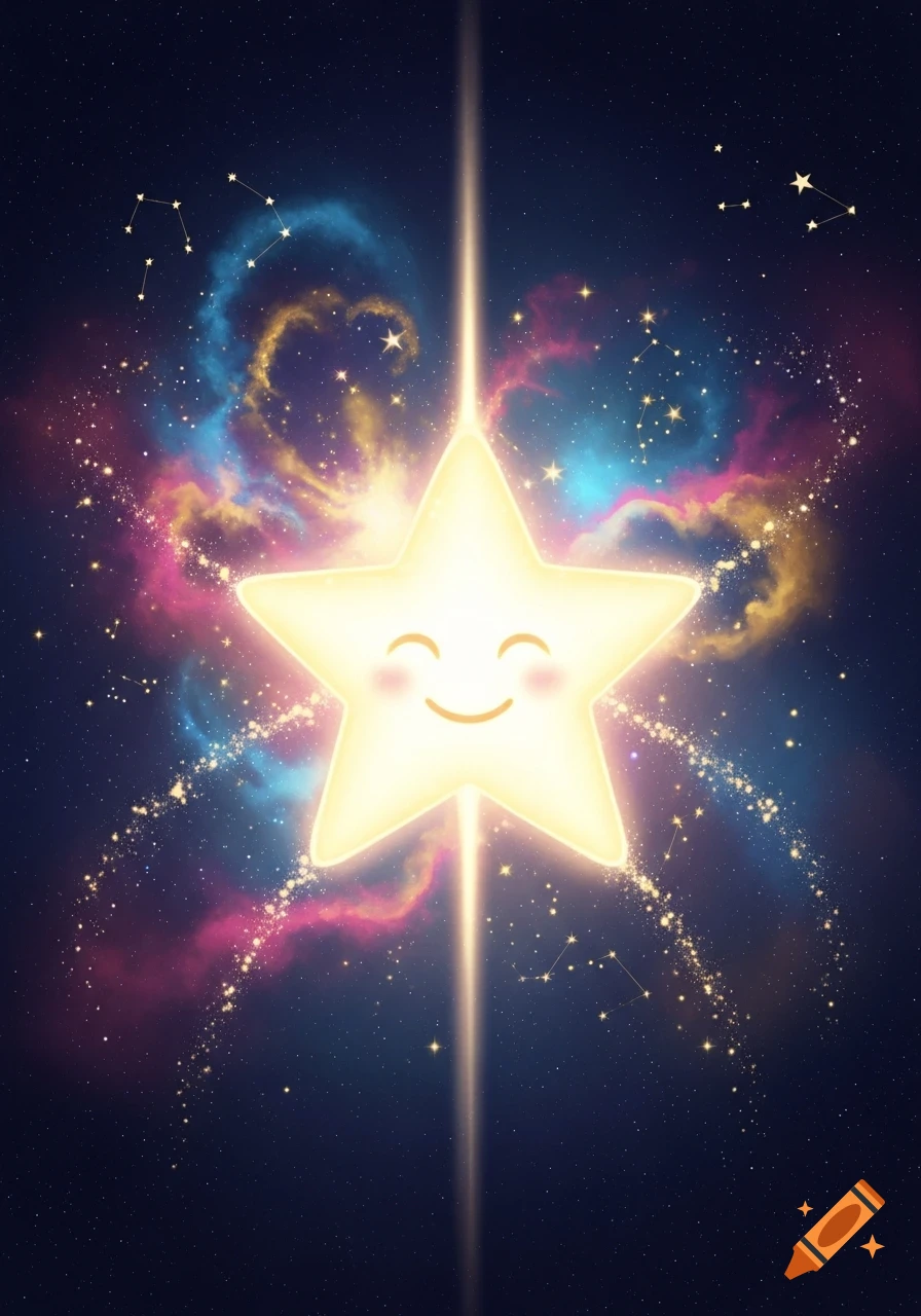 A bright yellow cartoon star with a smiling face and pink cheeks, surrounded by colorful nebulae, sparkling stars, and constellations in a dark blue cosmic background.