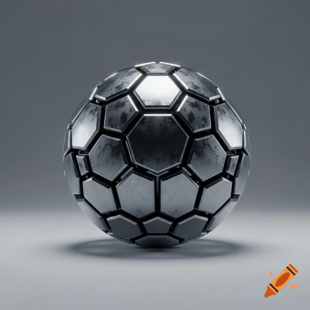 A metallic hexagonal sphere with a textured, industrial appearance against a grey background.