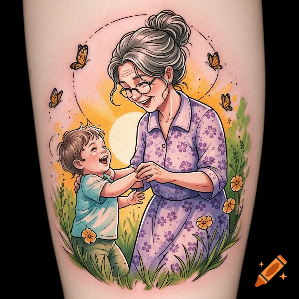 A colorful cartoon-style tattoo art of a smiling grandmother and a laughing child playing in a field with butterflies and flowers under a bright sun.