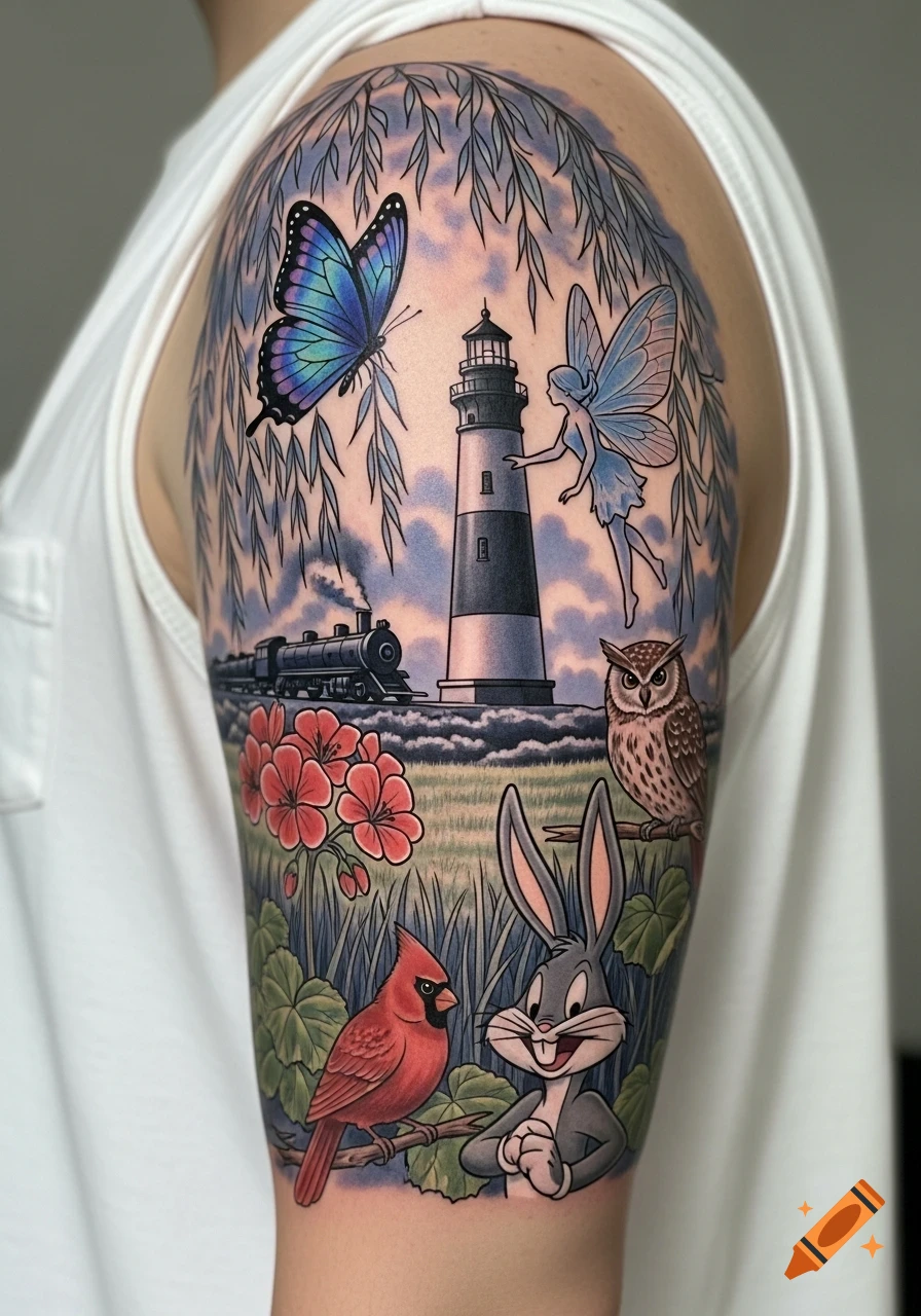 Colorful tattoo on an arm featuring Bugs Bunny, a cardinal, owl, fairy, butterfly, lighthouse, train, weeping willow, and flowers in a vibrant nature scene.