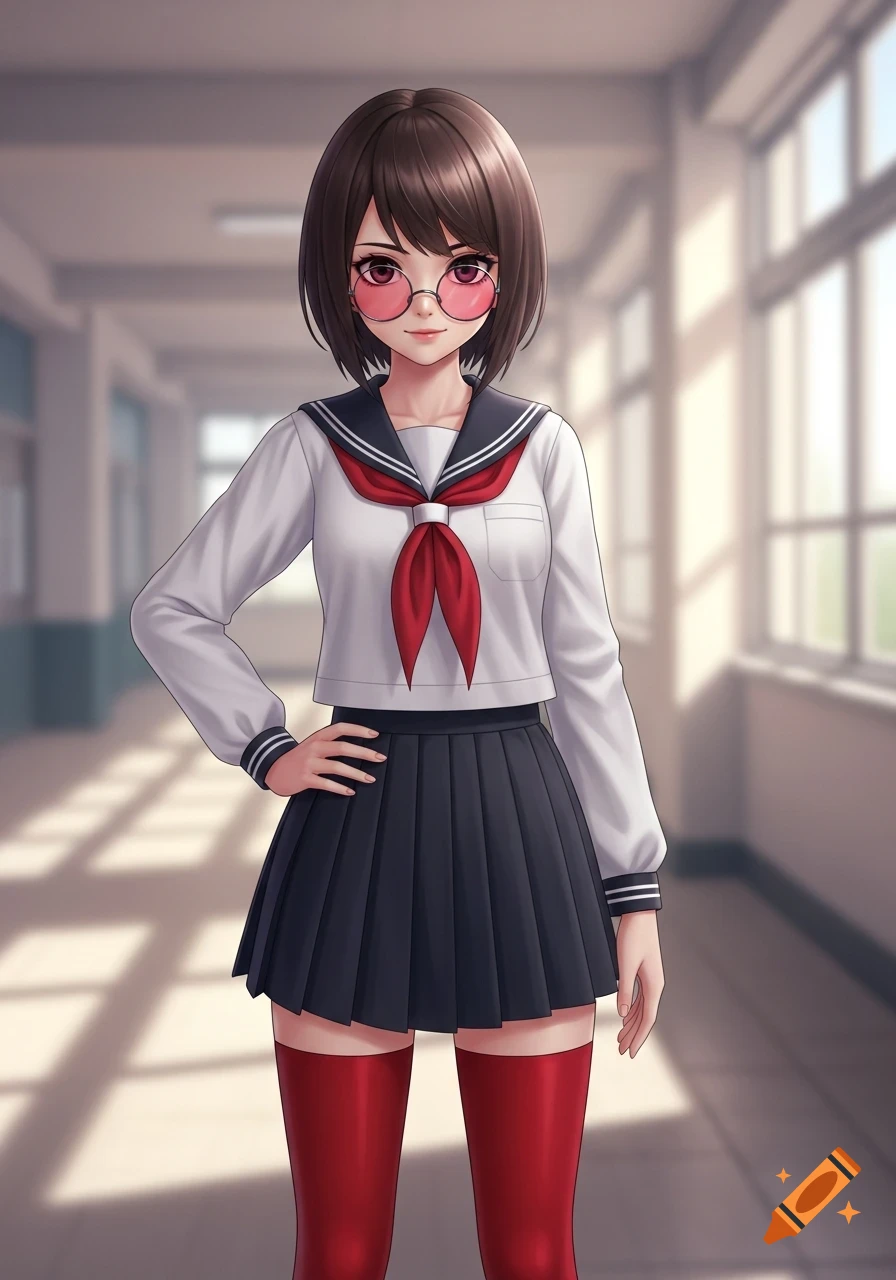 Anime girl with short brown hair, pink glasses, sailor uniform, and red stockings smiles in a school hallway.