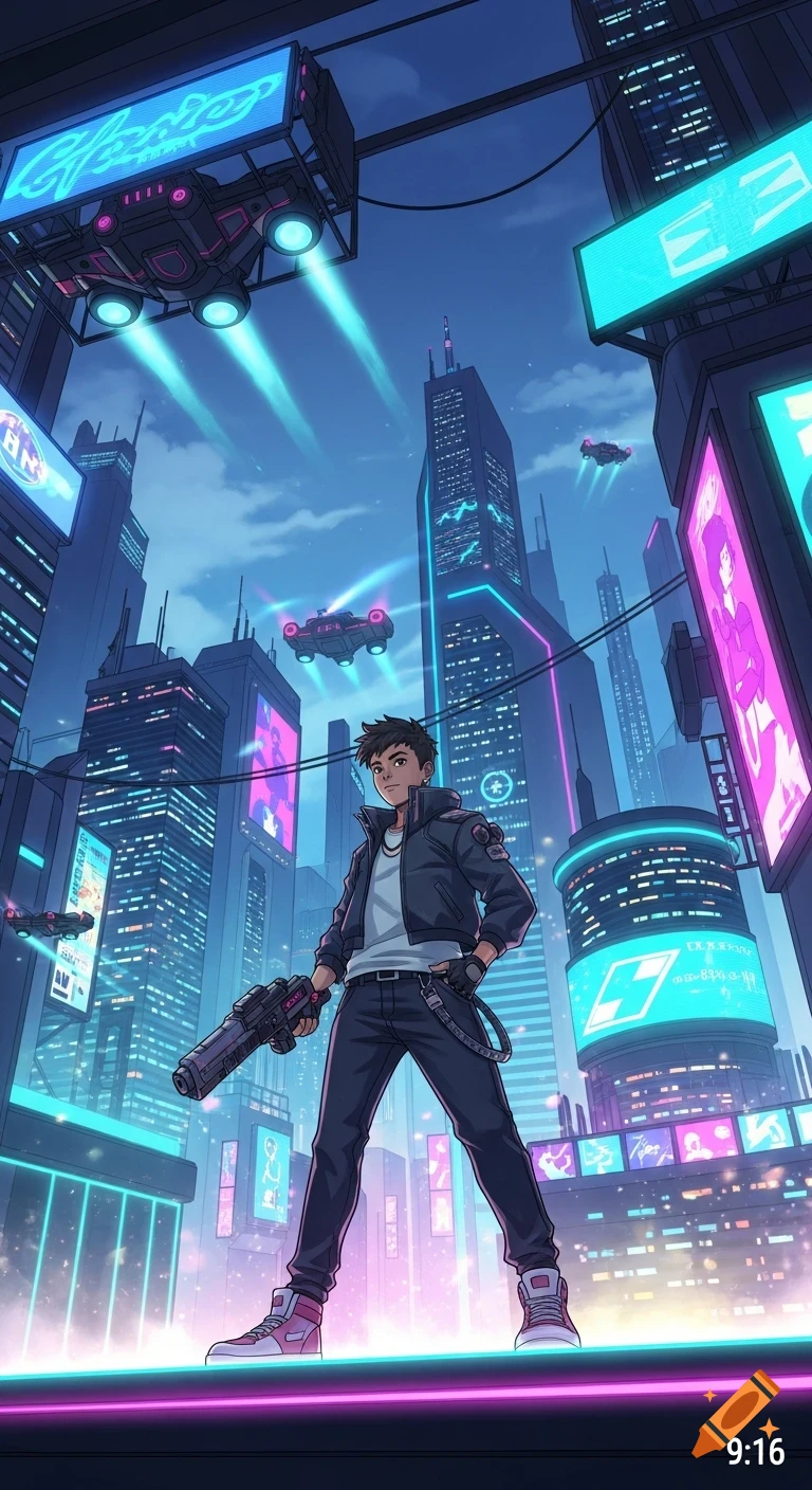 An adolescent male in a black jacket and holding a blaster stands in a neon-lit futuristic city with flying vehicles in an anime style.