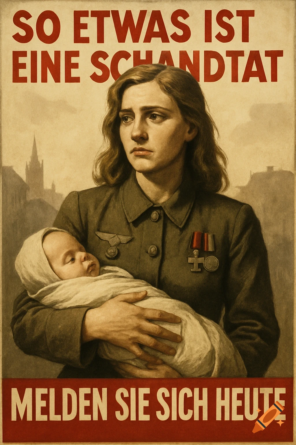 A vintage-style propaganda poster shows a somber woman in a military uniform holding a baby, with German text above and below.