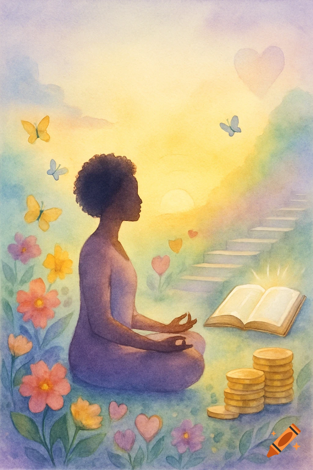 Watercolor painting: African American woman meditating in a colorful garden with a glowing book, coins, stairs, and sunrise.