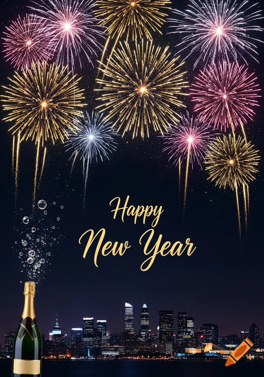 Colorful fireworks light up a city skyline at night, with a champagne bottle and 'Happy New Year' text.