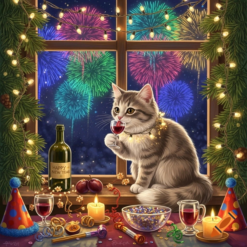 A cute tabby cat in string lights sips from a wine glass by a window, watching colorful New Year's fireworks.