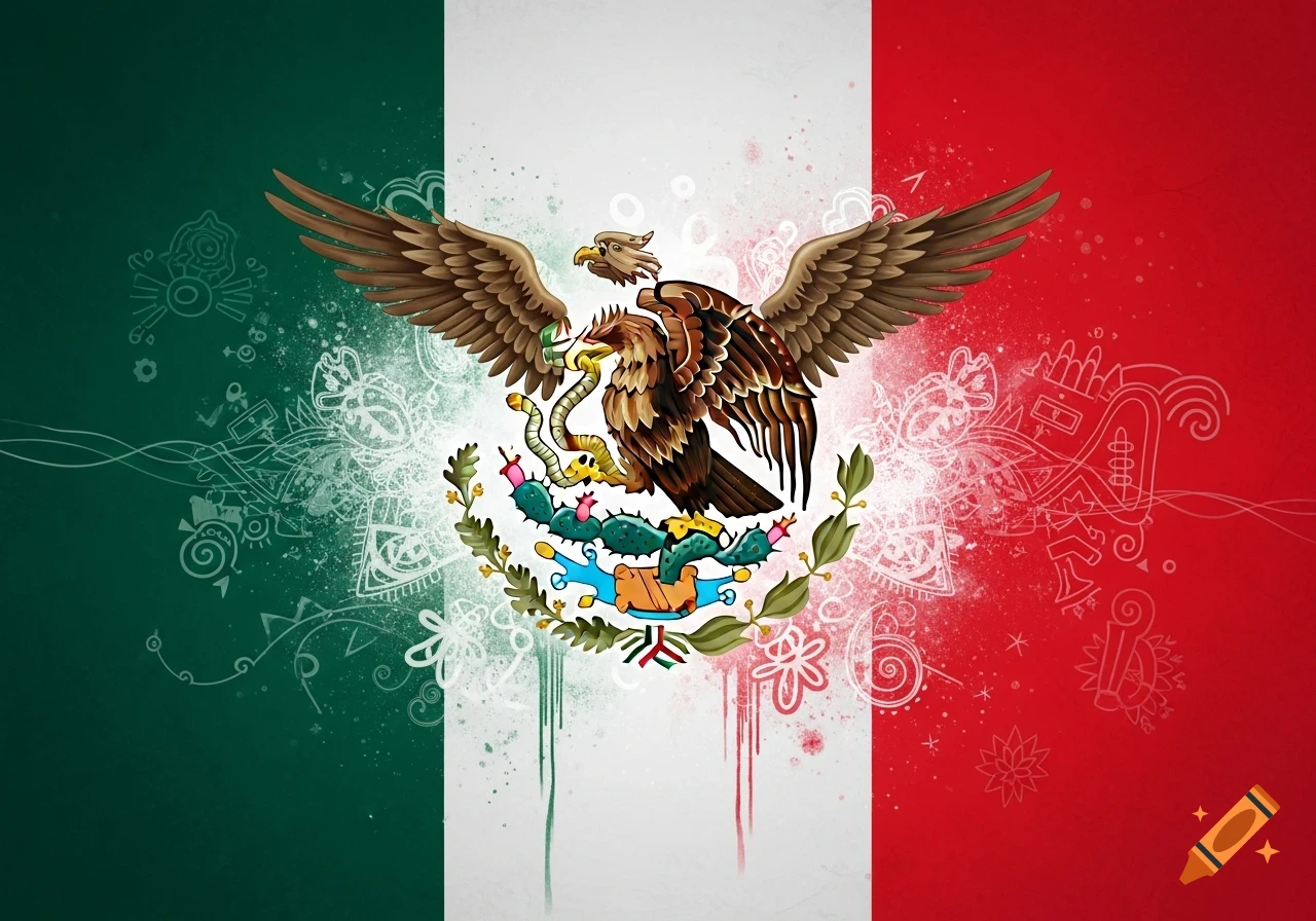 Stylized illustration of the Mexican flag with its national emblem: an eagle devouring a serpent on a nopal cactus, set against a grunge background.
