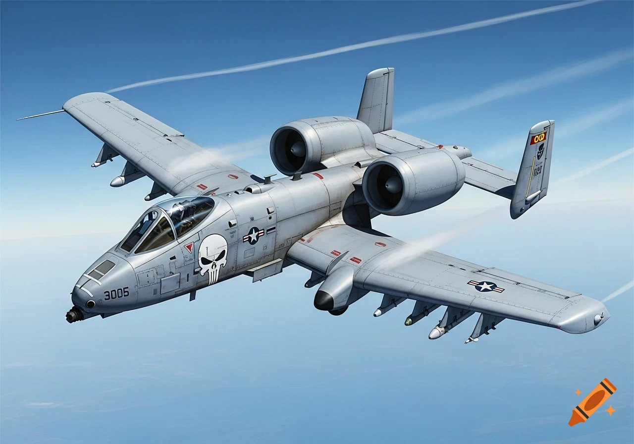 Photorealistic rendering of a grey A-10 Warthog jet with a white Punisher skull decal flying in a clear blue sky.