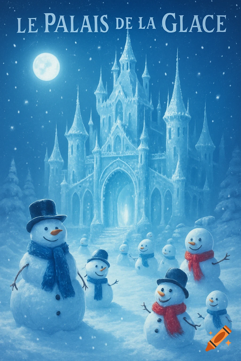 A whimsical winter scene with a majestic ice castle under a full moon, surrounded by numerous smiling snowmen in hats and scarves.