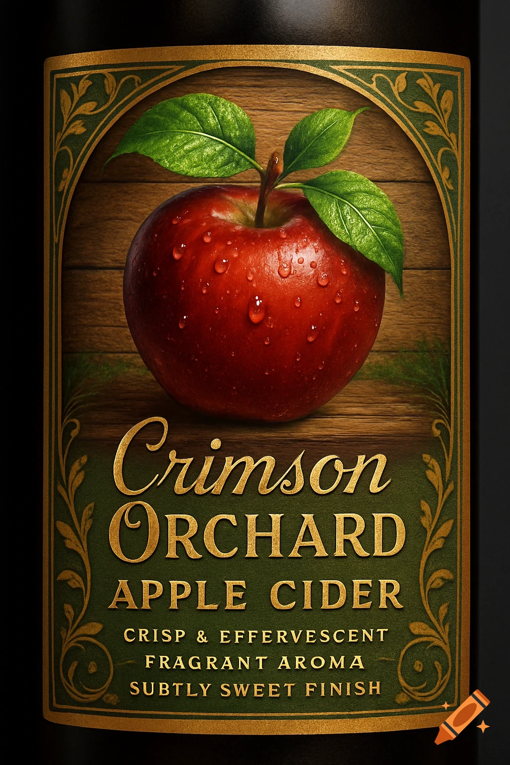 A vintage-style label for Crimson Orchard Apple Cider with a red apple, green leaves, and gold text on a dark green and wooden background.