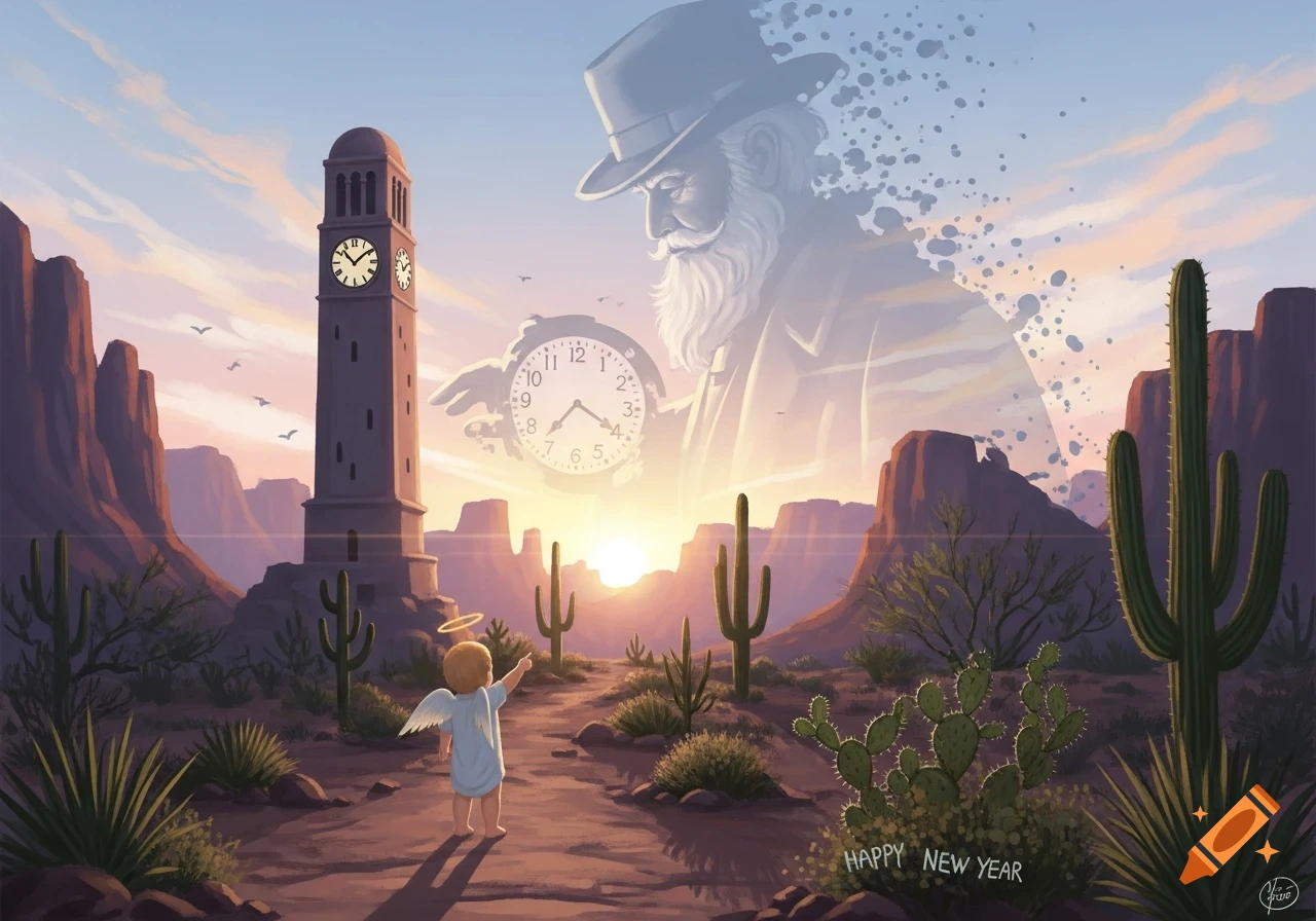 An illustration of a desert scene at sunrise with a clock tower and a small angel pointing to the sun. A translucent Father Time figure holding a clock fades away in the sky. Text reads 'HAPPY NEW YEAR'.