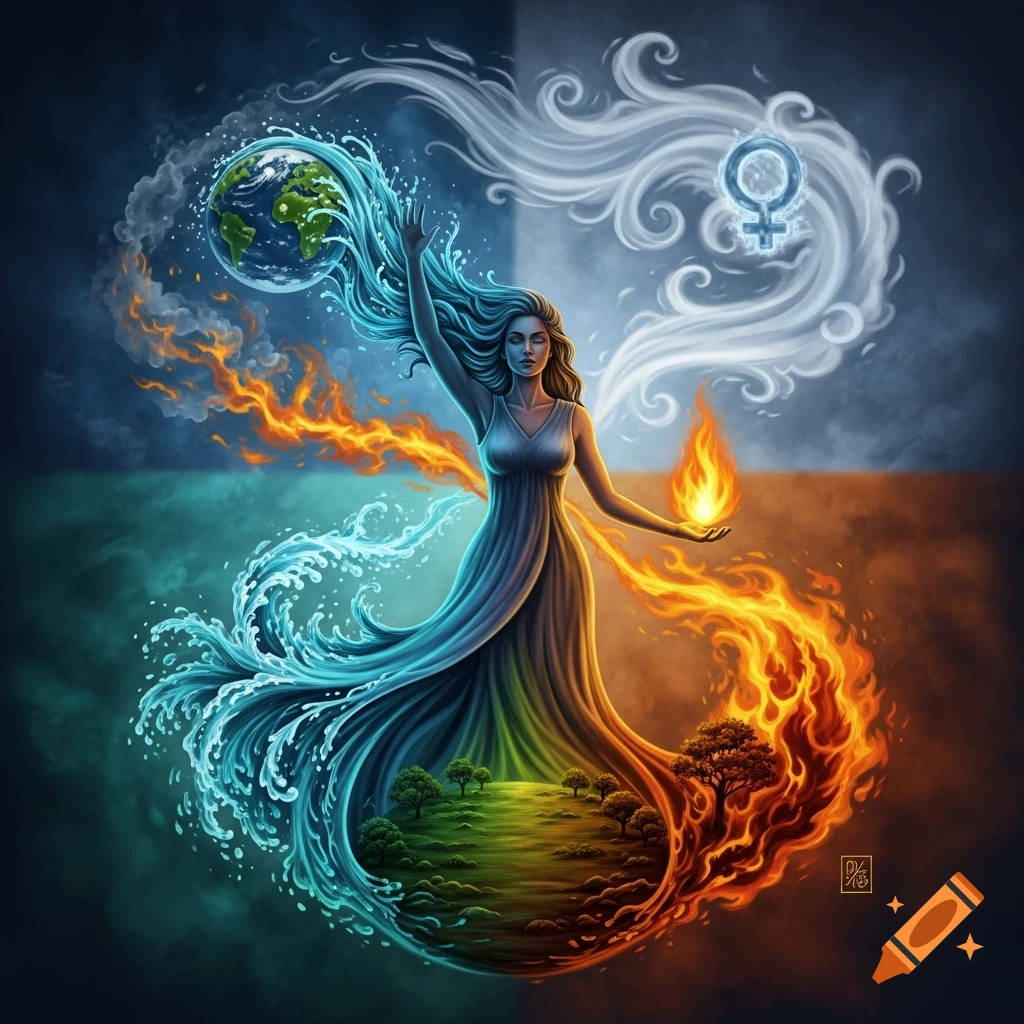 A goddess-like woman embodies the four elements: water, fire, earth, and air, with a female symbol in the upper right. Digital art.