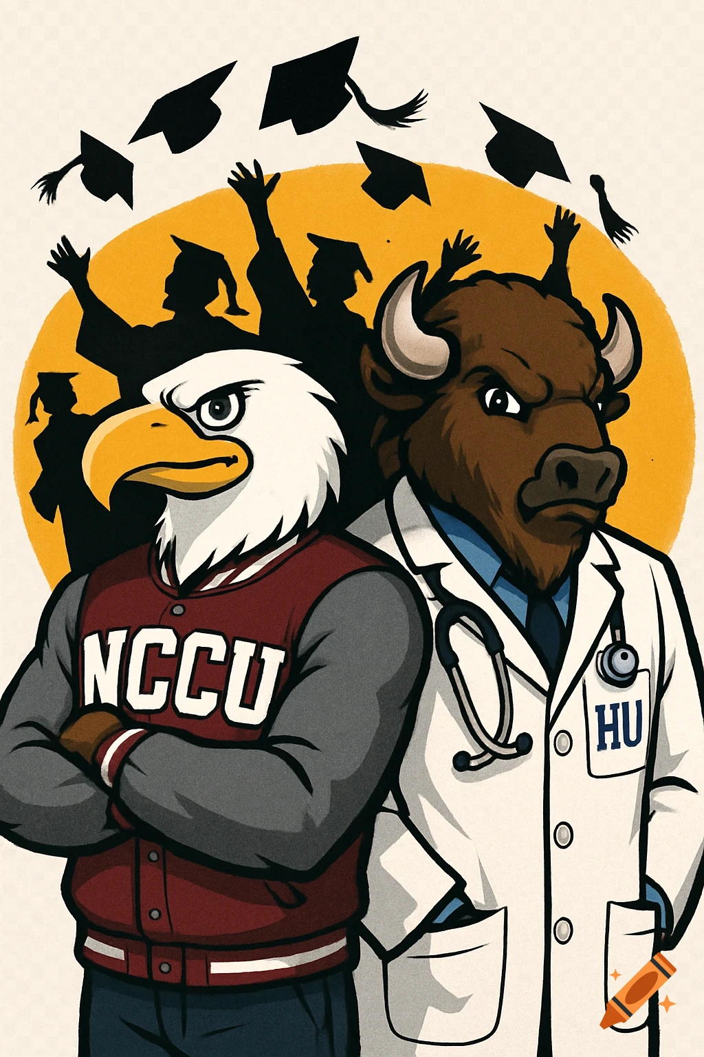 Cartoon eagle in a maroon and gray jacket with 'NCCU' and a bison in a white doctor's coat with 'HU' and a stethoscope, against a background of graduate silhouettes throwing caps.