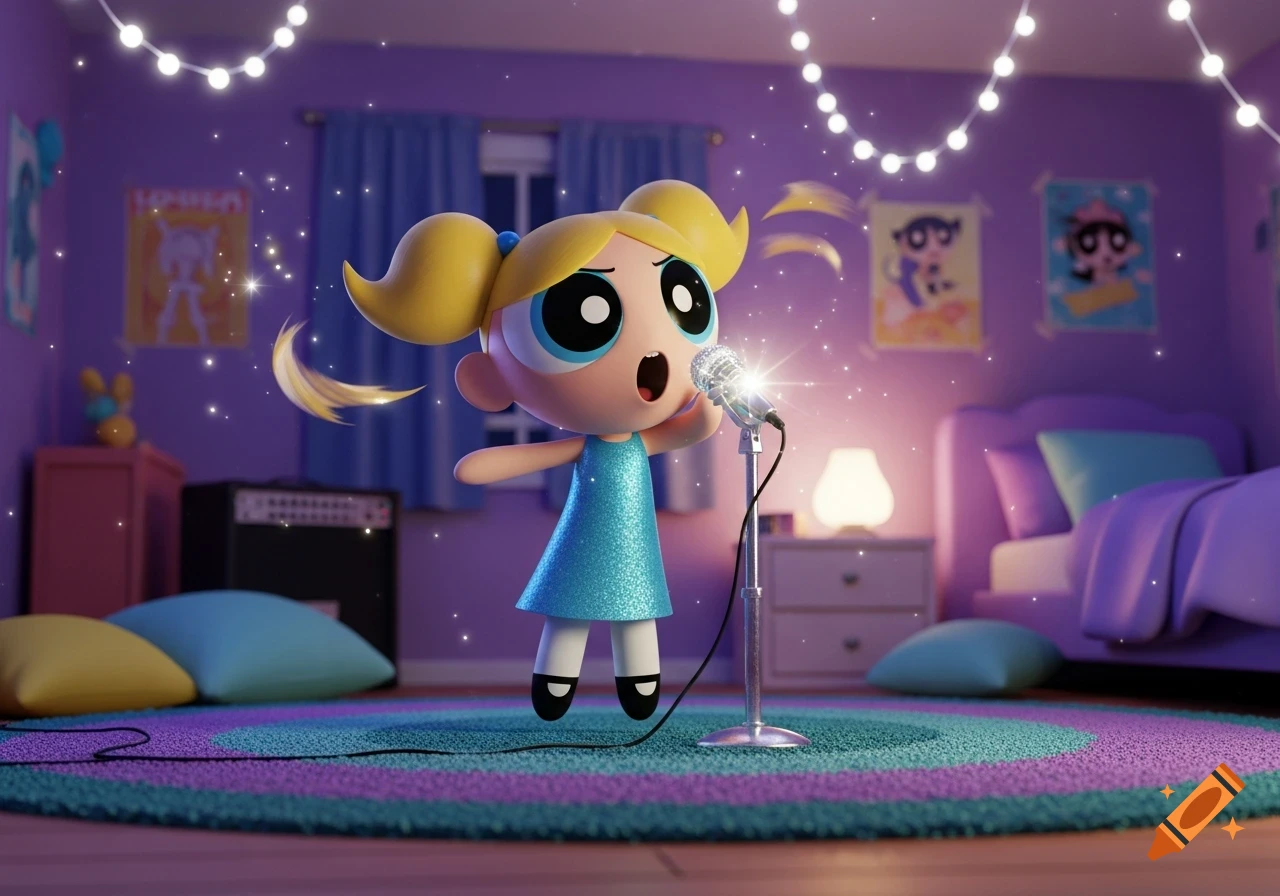 A 3D rendered image of Powerpuff Girl Bubbles singing into a sparkly microphone in a purple bedroom under string lights.