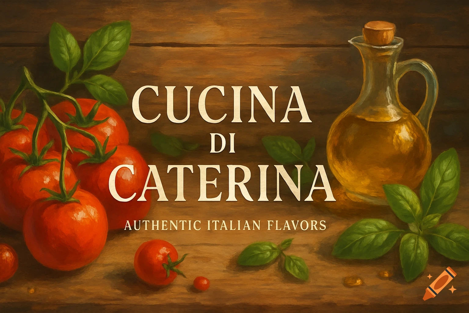 A painterly image of fresh tomatoes, basil, and an olive oil decanter on a wooden table, with text 'CUCINA DI CATERINA AUTHENTIC ITALIAN FLAVORS'.