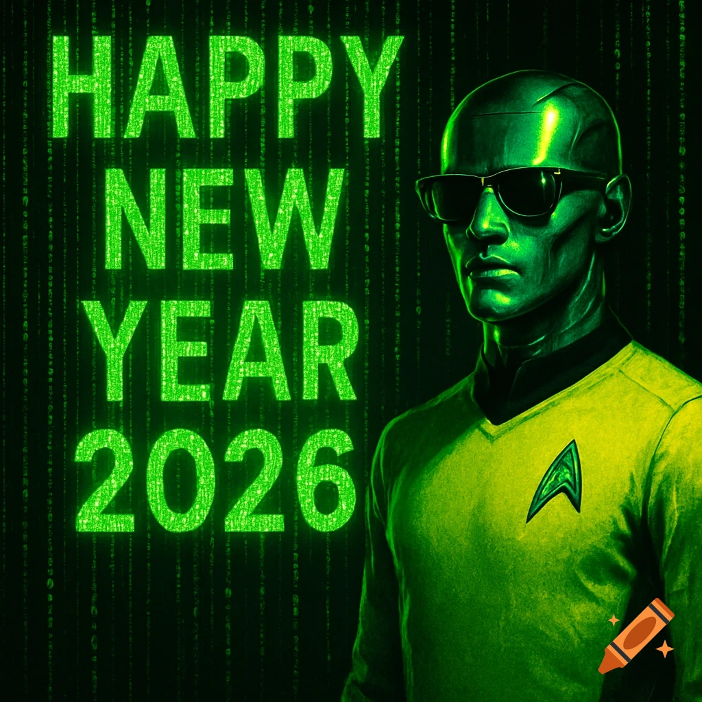 Green-skinned android in a yellow Star Trek uniform and sunglasses, against a Matrix code background with "HAPPY NEW YEAR 2026" text.