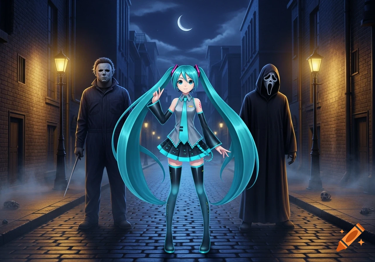 Hatsune Miku, Michael Myers, and Ghostface stand on a dark, cobblestone alleyway lit by street lamps under a crescent moon.