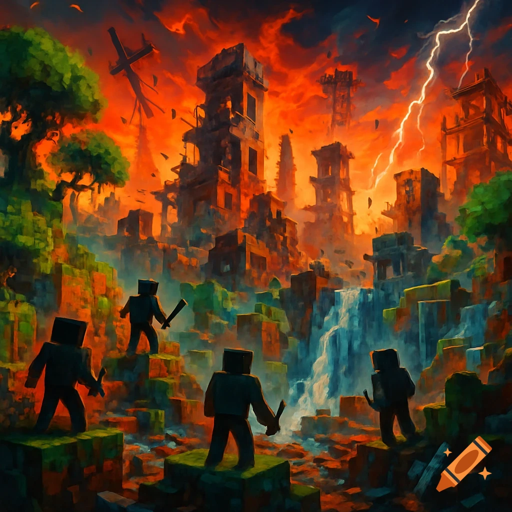 Stylized digital painting of blocky figures with swords in a ruined Minecraft-like city under a fiery red sky with lightning and waterfalls.