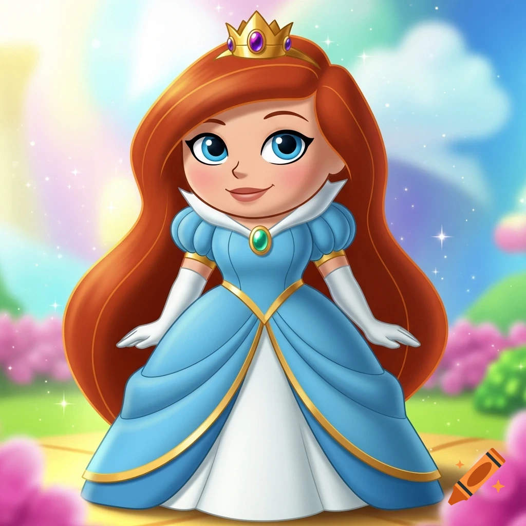 A chibi-style princess with long red hair, blue eyes, and a light blue gown with gold accents, wearing a small golden crown in a sparkling fantasy landscape.