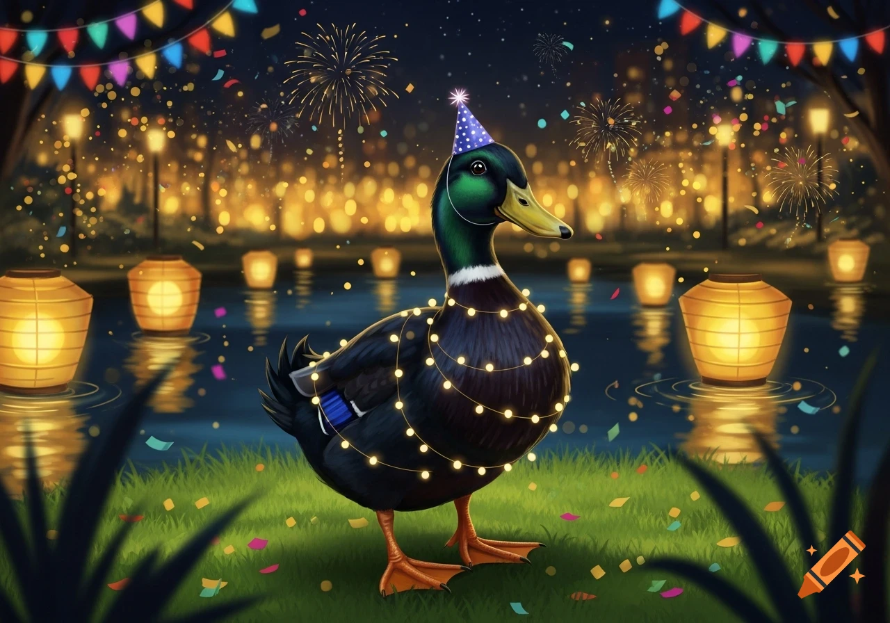 A festive duck with a party hat and string lights stands by a lake with glowing lanterns and fireworks at night.