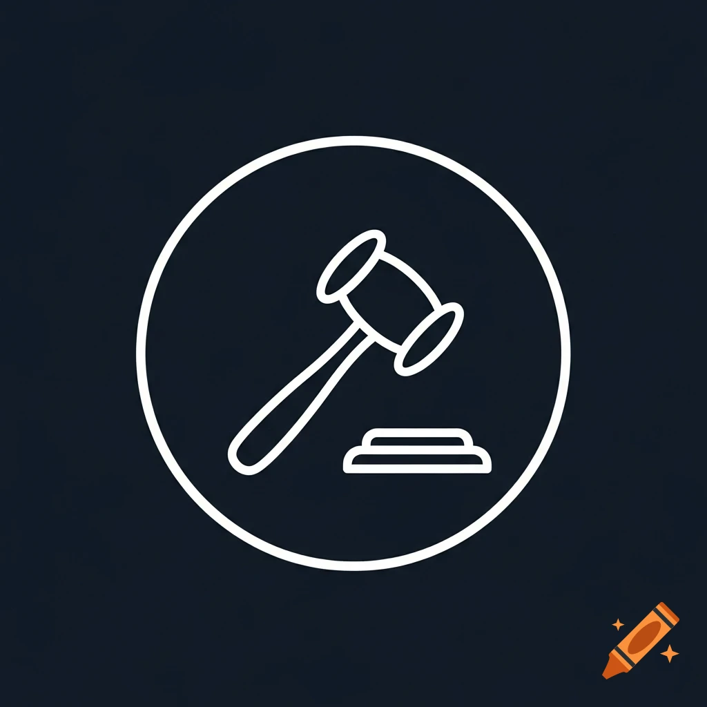 A minimalist white outline icon of a gavel and sound block within a white circle on a dark blue background.