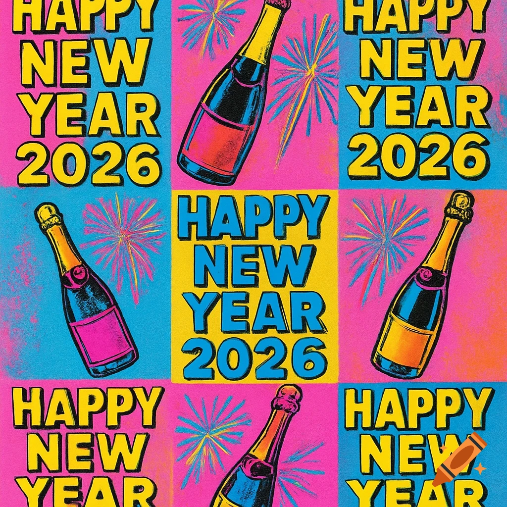 Pop art collage celebrating New Year 2026 with champagne bottles, fireworks, and bold text.