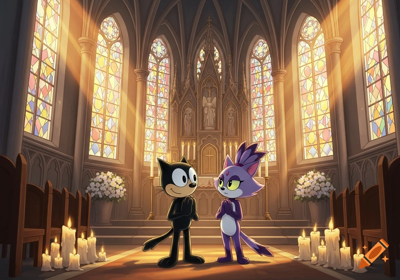 Felix the Cat and Blaze the Cat stand in a grand church, illuminated by golden light from stained glass windows, surrounded by candles.