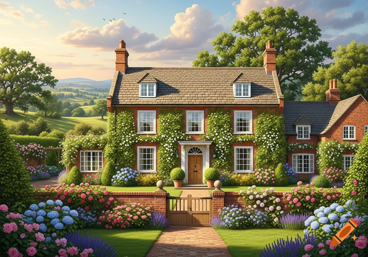A beautiful English country house covered in vines and flowers, with a lush garden and rolling hills in the background under a cloudy sky.