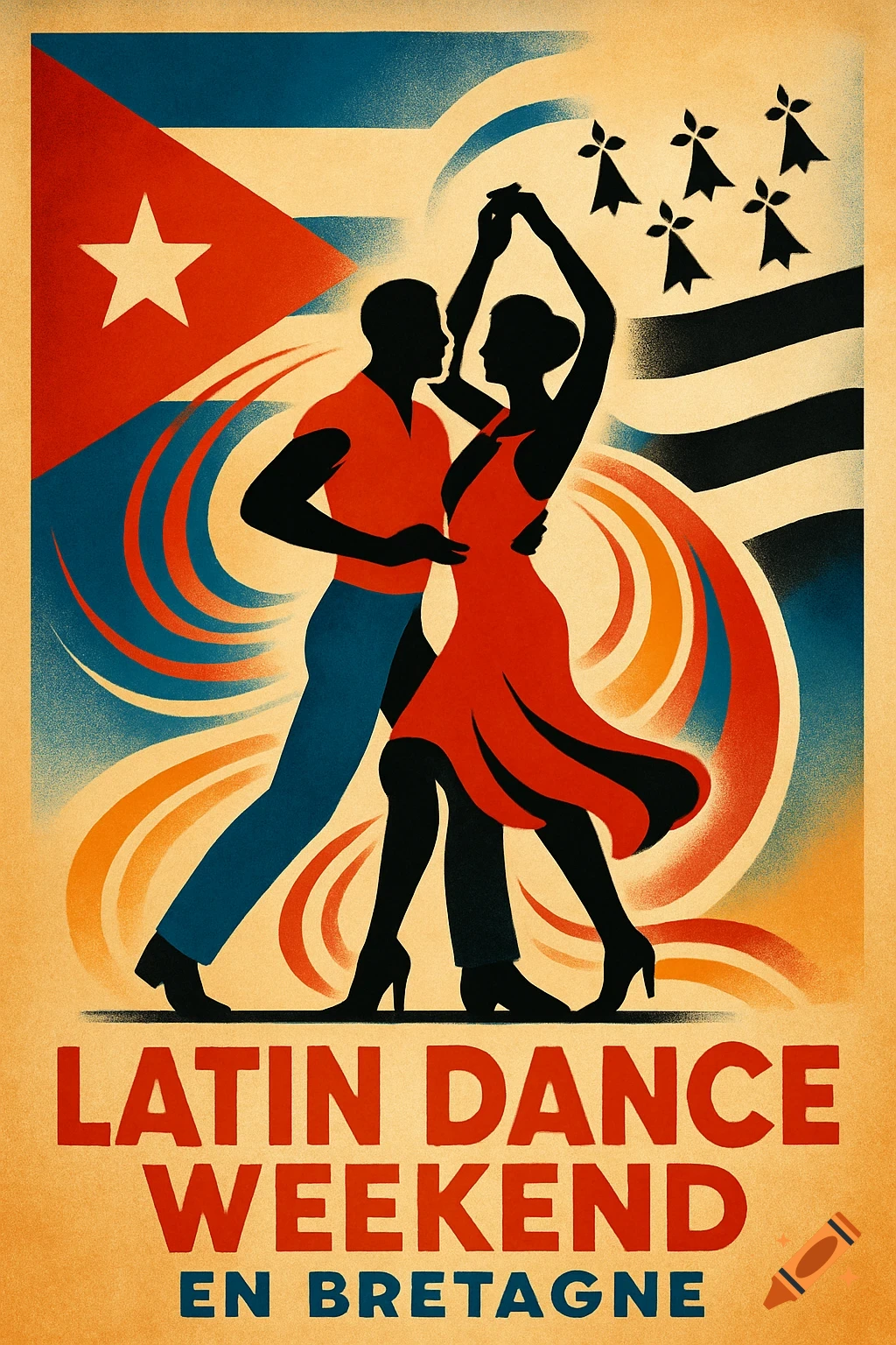 Vintage-style poster of two silhouetted dancers against Cuban and Breton flags, advertising a Latin dance weekend.