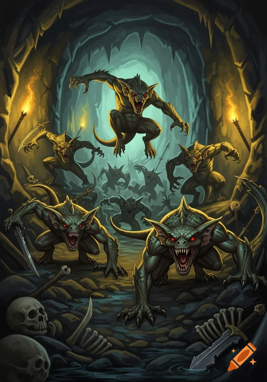 A horde of aggressive, red-eyed goblin-like creatures with sharp teeth and weapons in a dark, torch-lit cave with bones.
